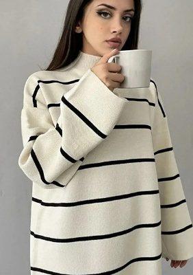 ژاکت بافتنی زنانه یقه دار راه راه اورسایز