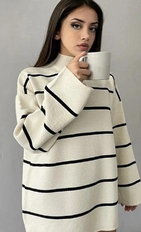 ژاکت بافتنی زنانه یقه دار راه راه اورسایز